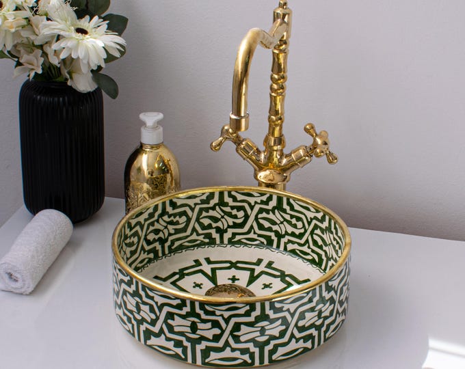 Ceramic Sink Basin Brass Edge For Bathroom 100% Handmade,Vessel Sink,Custom Sink Vanity,Pottery Handmade Sinks for Bathroom Decoration.