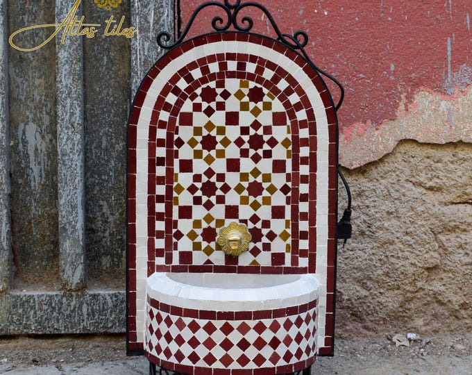 Garden Mosaic Fountain for Outdoor Patio 100%Handmade,Andalusian Tile Artwork,Wall Mounted Fountain, Handmade Fountain,Patio Decor