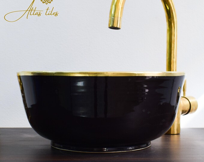 Ceramic Sink 14 Karat Gold for Bathroom 100% Handmade,Vessel Sink,Custom Sink Vanity,Pottery Handmade Sinks for Bathroom Decoration.
