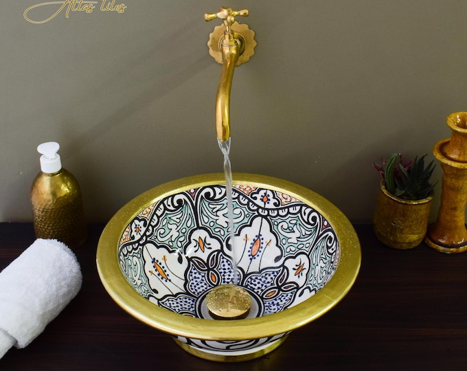 Ceramic Sink Basin Brass Edge For Bathroom 100% Handmade,Vessel Sink,Custom Sink Vanity,Pottery Handmade Sinks for Bathroom Decoration.