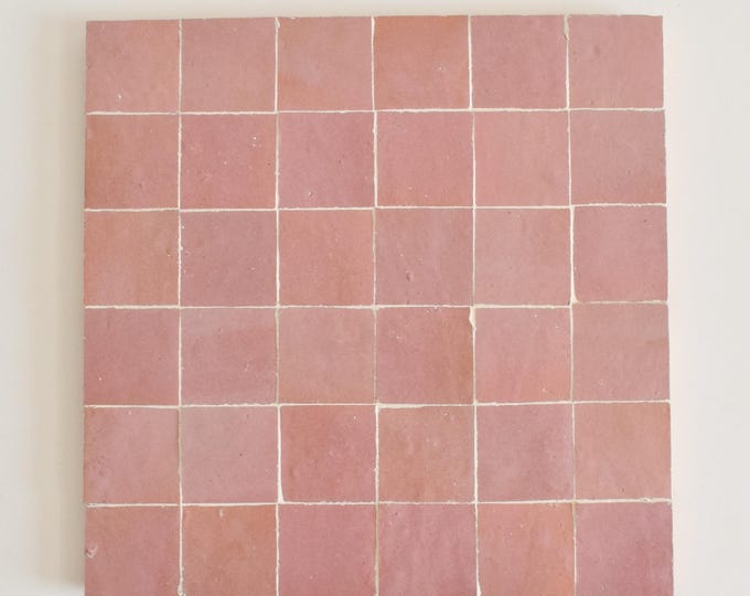 Light Pink Zellige Panel, Authentic Moroccan Handmade 12in x 12in Zellige Panel, Floor & Wall Glazed Solid Color, Backsplash Assembled Tiles
