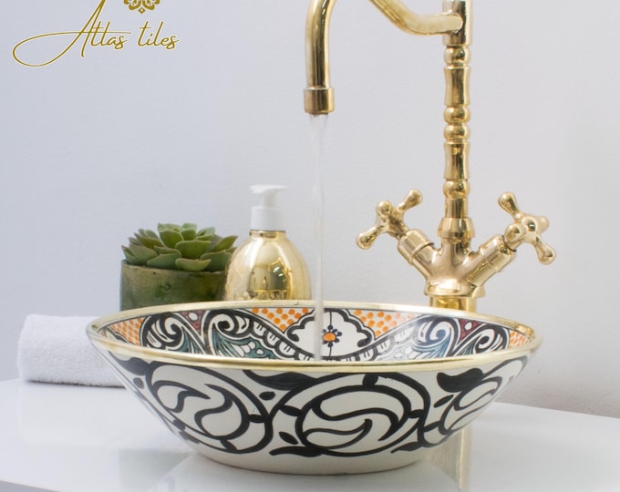 Ceramic Sink Basin Brass Edge For Bathroom 100% Handmade,Vessel Sink,Custom Sink Vanity,Pottery Handmade Sinks for Bathroom Decoration.