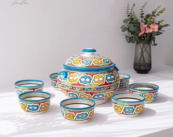 6 Person Multi Color Handmade Serving Set, Genuine Moroccan Hand Painted Ceramic Dinnerware Set, Dining sets, Tableware Collection,
