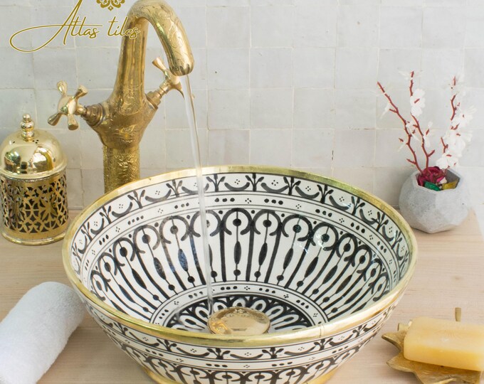 Ceramic Sink Basin Brass Edge For Bathroom 100% Handmade,Vessel Sink,Custom Sink Vanity,Pottery Handmade Sinks for Bathroom Decoration.