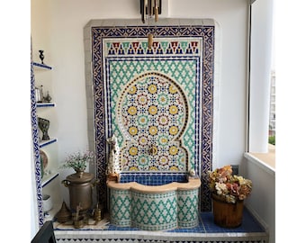 Wall Mosaic Fountain for Outdoor Patio 100%Handmade,Andalusian Tile Artwork,Wall Mounted Fountain, Handmade Fountain,Patio Decor