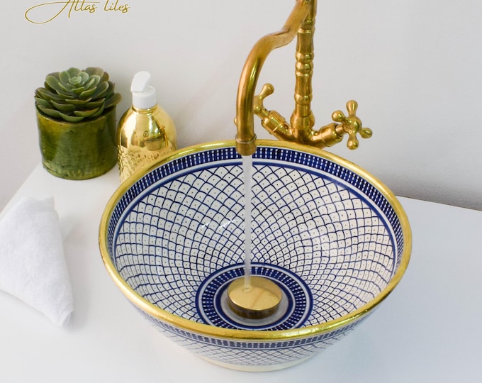 Ceramic Sink Basin Brass Edge For Bathroom 100% Handmade,Vessel Sink,Custom Sink Vanity,Pottery Handmade Sinks for Bathroom Decoration.
