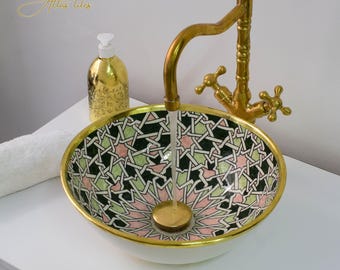 Ceramic Sink with Brass edge for Bathroom 100% Handmade,Vessel Sink,Custom Sink Vanity,Pottery Handmade Sinks for Bathroom Decoration.