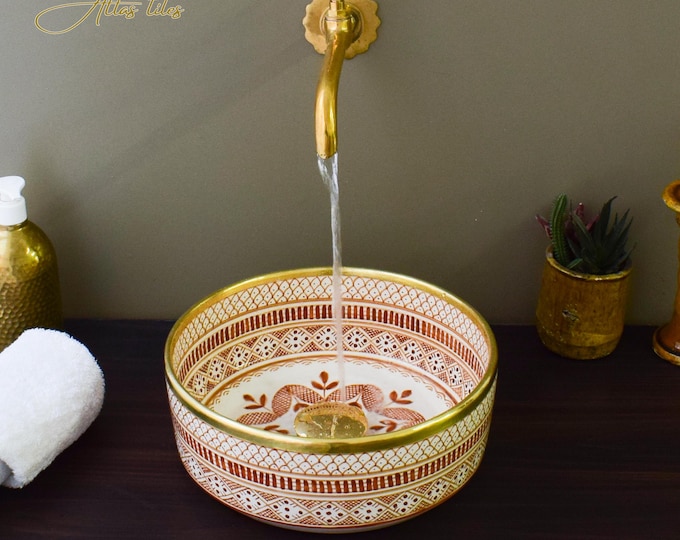 Ceramic Sink Basin Brass Edge For Bathroom 100% Handmade,Vessel Sink,Custom Sink Vanity,Pottery Handmade Sinks for Bathroom Decoration.