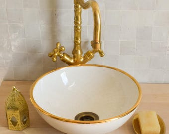Ceramic Sink Basin Brass Edge For Bathroom 100% Handmade,Vessel Sink,Custom Sink Vanity,Pottery Handmade Sinks for Bathroom Decoration.