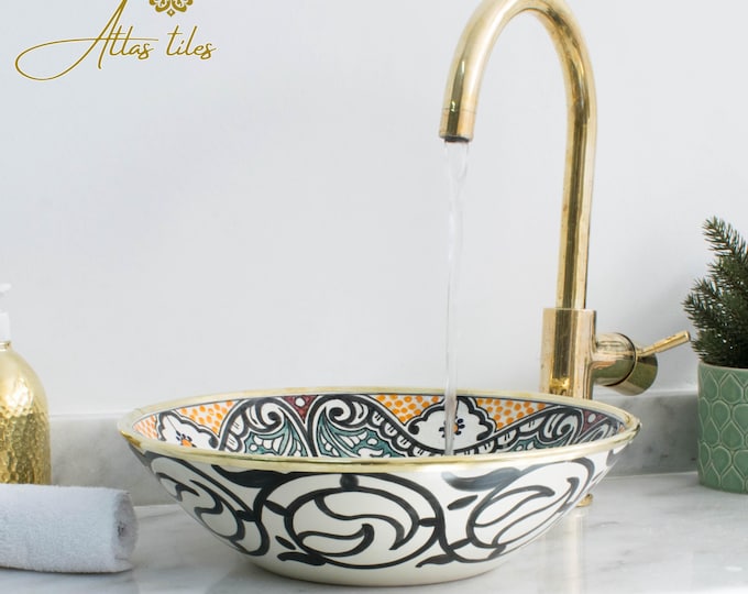 Ceramic Sink Basin Brass Edge For Bathroom 100% Handmade,Vessel Sink,Custom Sink Vanity,Pottery Handmade Sinks for Bathroom Decoration.