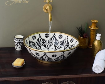 Ceramic Sink Washbasin Brass Rim for Bathroom 100% Handmade,Vessel Sink,Custom Sink Vanity,Pottery Handmade Sinks for Bathroom Decoration.