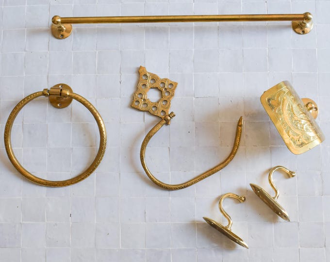 Brass Bathroom Hardware Set – Towel Bar, Toilet Paper Holders & Accessories | Modern Vintage Wall Mounted Fixtures - Moroccan Brass handmade