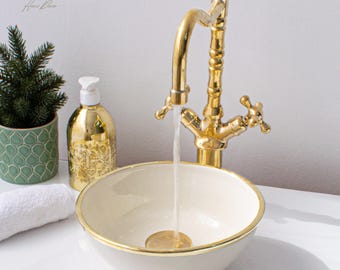 Ceramic Sink Basin Brass Edge For Bathroom 100% Handmade,Vessel Sink,Custom Sink Vanity,Pottery Handmade Sinks for Bathroom Decoration.