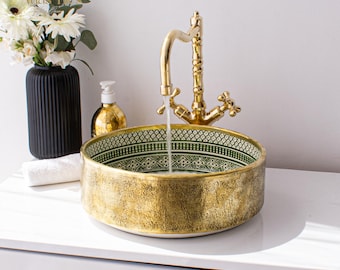 Ceramic Sink Basin Brass Edge For Bathroom 100% Handmade,Vessel Sink,Custom Sink Vanity,Pottery Handmade Sinks for Bathroom Decoration.