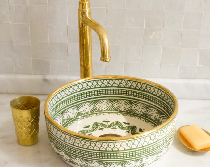 Ceramic Sink Basin Brass Edge For Bathroom 100% Handmade,Vessel Sink,Custom Sink Vanity,Pottery Handmade Sinks for Bathroom Decoration.