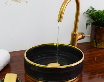 Ceramic Sink Basin Brass Edge For Bathroom 100% Handmade,Vessel Sink,Custom Sink Vanity,Pottery Handmade Sinks for Bathroom Decoration.