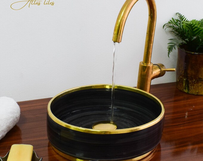 Ceramic Sink Basin Brass Edge For Bathroom 100% Handmade,Vessel Sink,Custom Sink Vanity,Pottery Handmade Sinks for Bathroom Decoration.