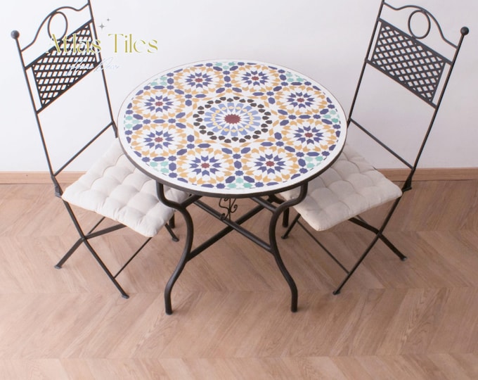 White/ Beige Mosaic Table for Outdoor Patio 100% Handmade,Round Mosaic Table,Ceramic Table,Customizable Table,Dinner Coffee Table