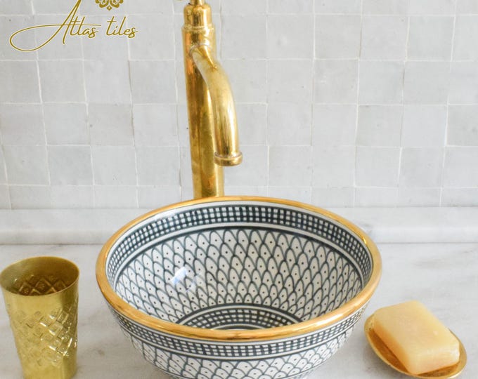 Ceramic Sink Basin Brass Edge For Bathroom 100% Handmade,Vessel Sink,Custom Sink Vanity,Pottery Handmade Sinks for Bathroom Decoration.