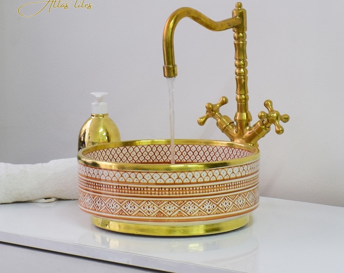 Ceramic Sink Basin Brass Edge For Bathroom 100% Handmade,Vessel Sink,Custom Sink Vanity,Pottery Handmade Sinks for Bathroom Decoration.