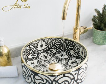 Ceramic Sink Basin Brass Edge For Bathroom 100% Handmade,Vessel Sink,Custom Sink Vanity,Pottery Handmade Sinks for Bathroom Decoration.