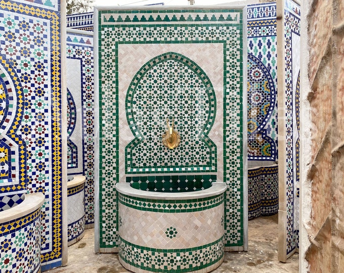 Garden Mosaic Fountain for Outdoor Patio 100%Handmade,Andalusian Tile Artwork,Wall Mounted Fountain, Handmade Fountain,Patio Decor