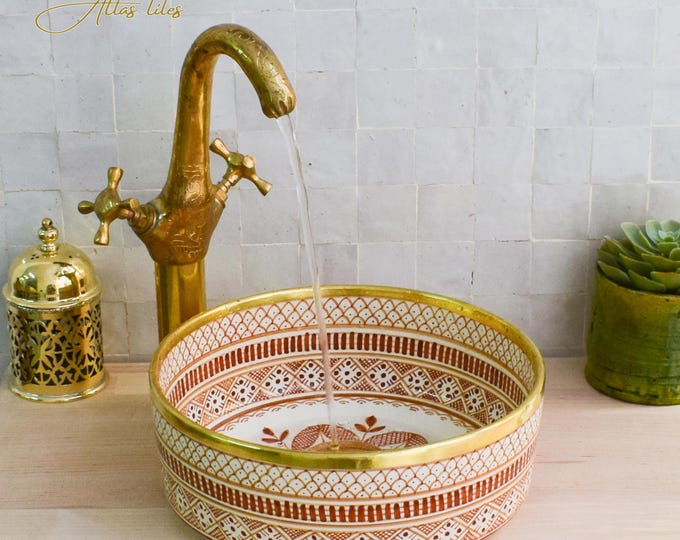 Ceramic Sink Basin Brass Edge For Bathroom 100% Handmade,Vessel Sink,Custom Sink Vanity,Pottery Handmade Sinks for Bathroom Decoration.