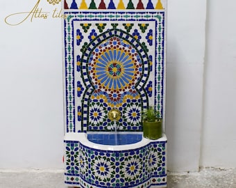 Garden Mosaic Fountain for Outdoor Patio 100%Handmade,Andalusian Tile Artwork,Wall Mounted Fountain, Handmade Fountain,Patio Decor