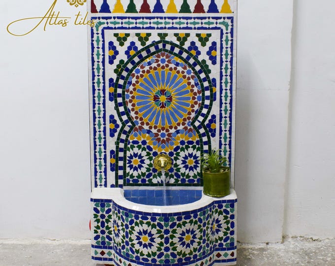 Garden Mosaic Fountain for Outdoor Patio 100%Handmade,Andalusian Tile Artwork,Wall Mounted Fountain, Handmade Fountain,Patio Decor