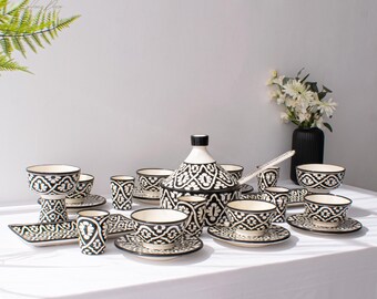 6P Black and White Handmade Ceramic Serving Set, Genuine Moroccan Hand Painted Ceramic Dinnerware Set, Dining sets, Tableware Collection,