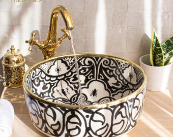 Ceramic Sink Basin Brass Edge For Bathroom 100% Handmade,Vessel Sink,Custom Sink Vanity,Pottery Handmade Sinks for Bathroom Decoration.