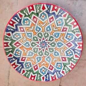 May include: A round ceramic plate with a colorful geometric design. The plate features a central starburst pattern with intricate details in shades of blue, green, red, orange, and white.