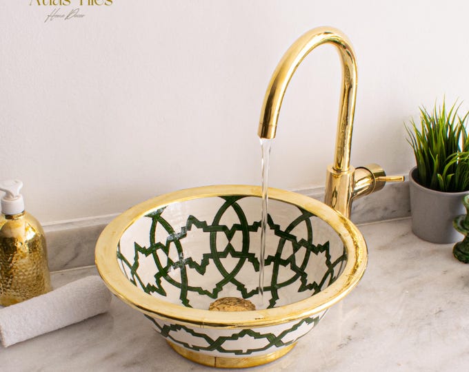 Ceramic Sink Basin Brass Edge For Bathroom 100% Handmade,Vessel Sink,Custom Sink Vanity,Pottery Handmade Sinks for Bathroom Decoration.