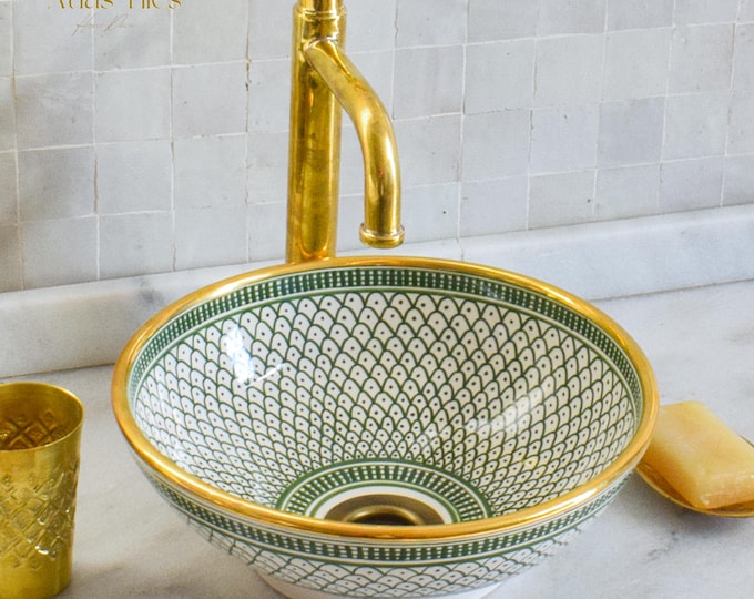 Ceramic Sink Basin Brass Edge For Bathroom 100% Handmade,Vessel Sink,Custom Sink Vanity,Pottery Handmade Sinks for Bathroom Decoration.