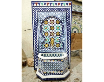 Garden Mosaic Fountain for Outdoor Patio 100%Handmade,Andalusian Tile Artwork,Wall Mounted Fountain, Handmade Fountain,Patio Decor