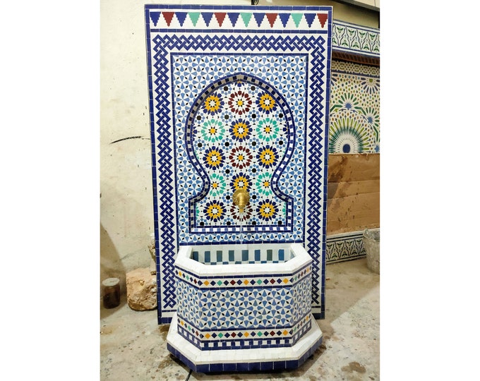 Garden Mosaic Fountain for Outdoor Patio 100%Handmade,Andalusian Tile Artwork,Wall Mounted Fountain, Handmade Fountain,Patio Decor
