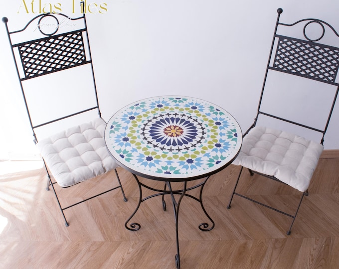 White/ Beige Mosaic Table for Outdoor Patio 100% Handmade,Round Mosaic Table,Ceramic Table,Customizable Table,Dinner Coffee Table