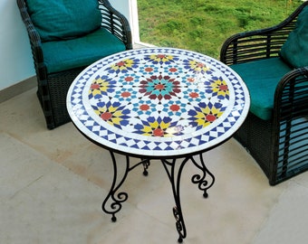 Mosaic Round Table handmade with natural Colors l Moroccan Table l Amazing Coffee & Dinner Mosaic Table l Customizable Designs