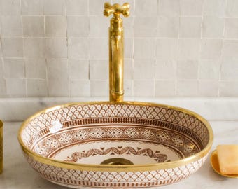 Brown Ceramic Sink for Bathroom 100% Handmade with Brass Rim,Vessel Sink,Custom Sink Vanity,Pottery Handmade Sinks for Bathroom Decoration.