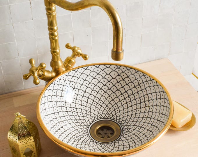 Ceramic Sink Basin Brass Edge For Bathroom 100% Handmade,Vessel Sink,Custom Sink Vanity,Pottery Handmade Sinks for Bathroom Decoration.
