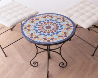 White/ Beige Mosaic Table for Outdoor Patio 100% Handmade,Round Mosaic Table,Ceramic Table,Customizable Table,Dinner Coffee Table