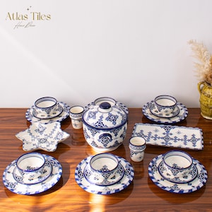 Blue of Fez Handmade Serving Set, Genuine Moroccan Hand Painted Ceramic Dinnerware Set, Dining sets, Tableware Collection,