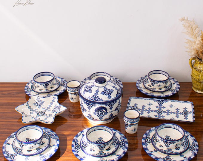Blue of Fez Handmade Serving Set, Genuine Moroccan Hand Painted Ceramic Dinnerware Set, Dining sets, Tableware Collection,