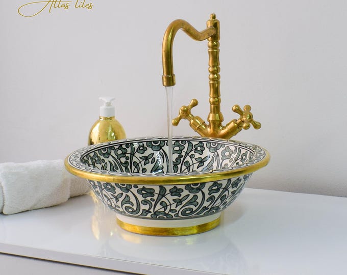 Ceramic Sink Basin Brass Edge For Bathroom 100% Handmade,Vessel Sink,Custom Sink Vanity,Pottery Handmade Sinks for Bathroom Decoration.