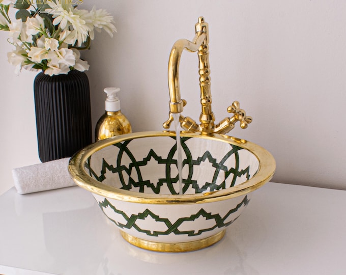 Ceramic Sink Basin Brass Edge For Bathroom 100% Handmade,Vessel Sink,Custom Sink Vanity,Pottery Handmade Sinks for Bathroom Decoration.