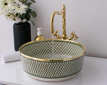 Ceramic Sink Basin Brass Edge For Bathroom 100% Handmade,Vessel Sink,Custom Sink Vanity,Pottery Handmade Sinks for Bathroom Decoration.