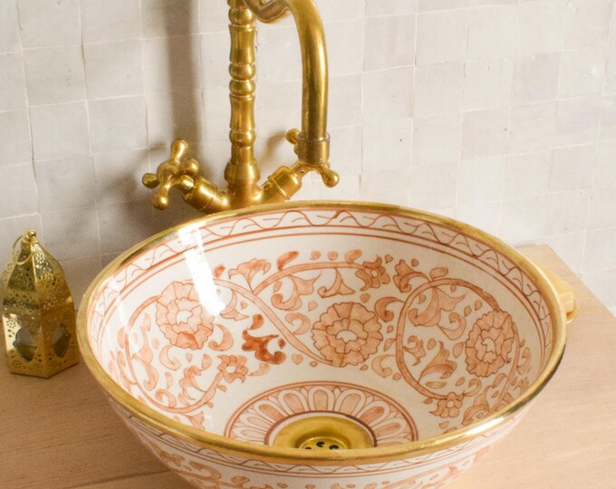 Ceramic Sink Basin Brass Edge For Bathroom 100% Handmade,Vessel Sink,Custom Sink Vanity,Pottery Handmade Sinks for Bathroom Decoration.