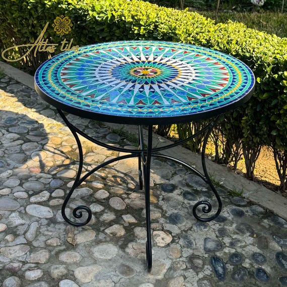 Mosaik Outdoor Keramiktisch für Terrasse, Indoor Mosaiktisch, Anpassbares Fliesendesign, Handgefertigter Tisch, Fliesendekor, Esstisch, Bistrotisch