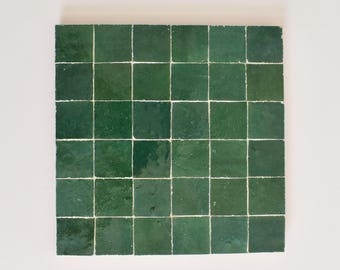 Forest Green Zellige Panel,Authentic Moroccan Handmade 12in x 12in Zellige Panel,Floor & Wall Glazed Solid Color, Backsplash Assembled Tiles