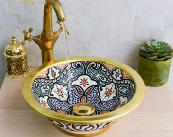 Ceramic Sink Basin Brass Edge For Bathroom 100% Handmade,Vessel Sink,Custom Sink Vanity,Pottery Handmade Sinks for Bathroom Decoration.